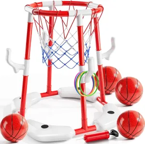 Hoop$ 2-in-1 Floating Pool Toys Ring Game with 4 Balls and Pump$ Outdoor Swimming Pool Basketball Games Water Play Toy Family Party for Kids Adults sword spring progress handsome beauty Age 3-12 (Red) Pool Basketball 
