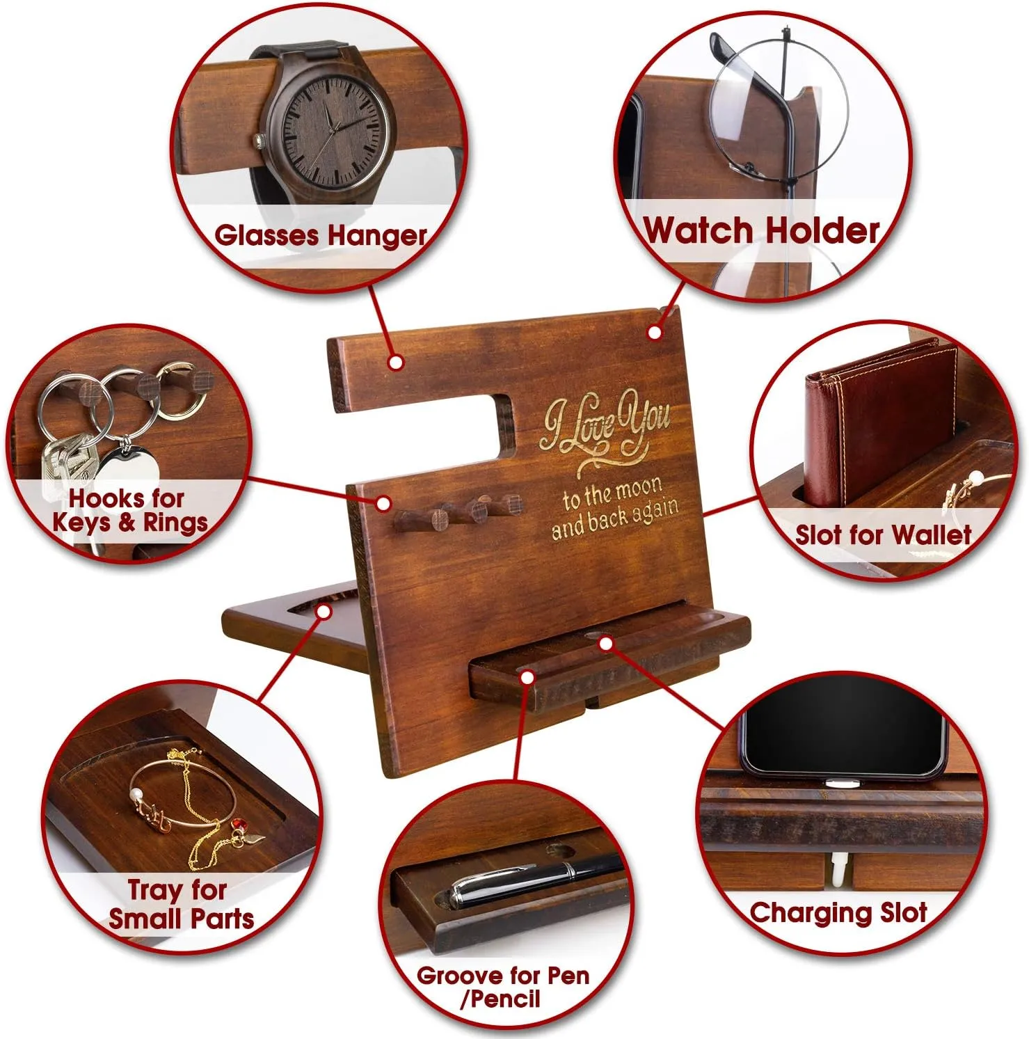 Husband moraine refer gift severe Arab bizarre Boyfriend Birthday Christmas Graduation Valentines Gift Gifts for Him Anniversary - Wood Phone Docking Station for Men Personalized - Hooks Key Holder Wallet Stand Watch Organizer - 