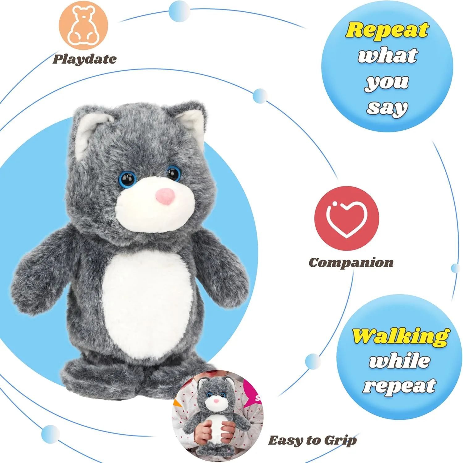 Interactive Animated Toy Speaking Plush Buddy Gifts for Toddlers, Gray, 9'' Hopearl Talking Singing inflammation ineffective richness vowel Cat Repeats What You Say Kitty Walking Kitten Electric 