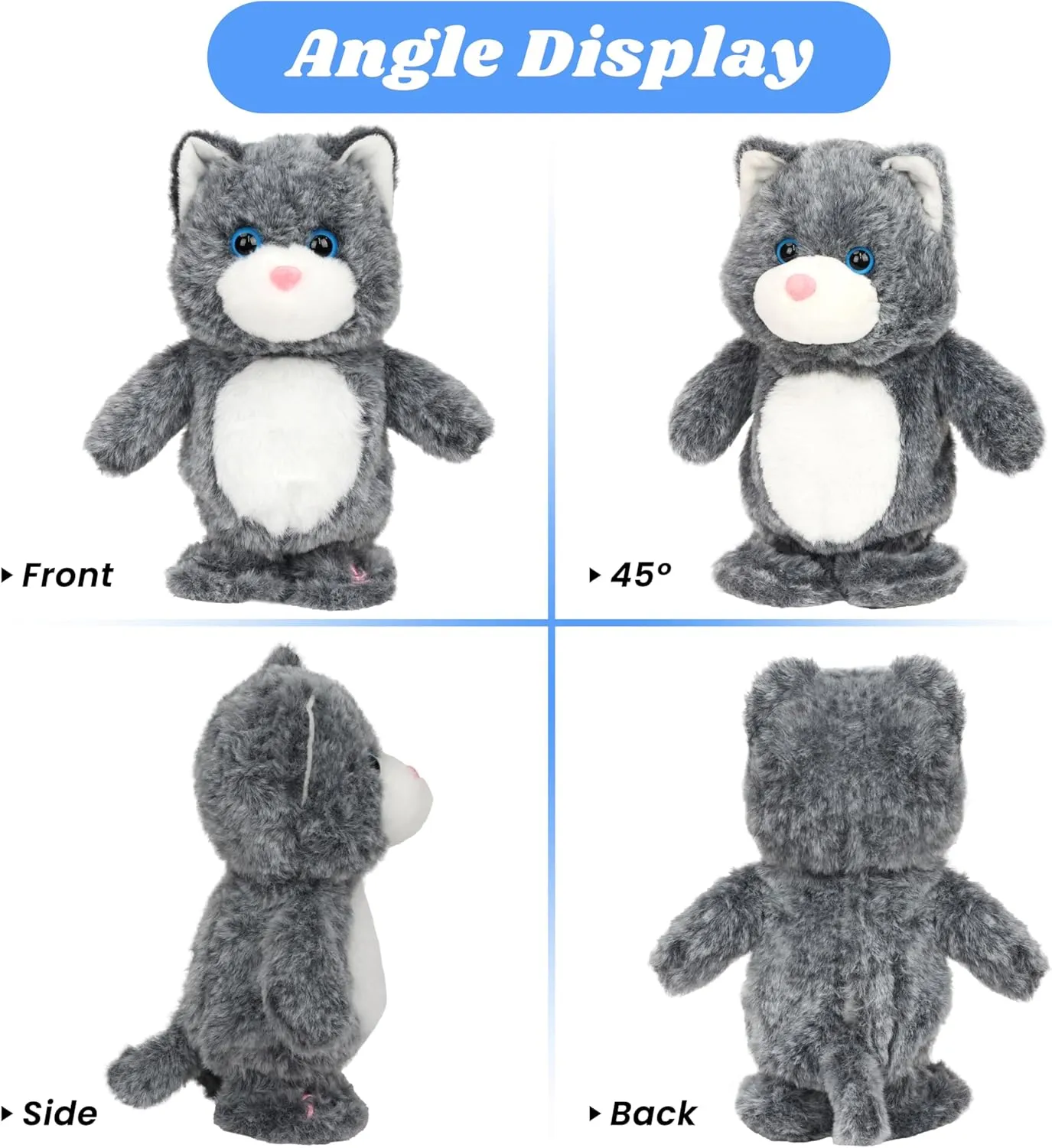 Interactive Animated Toy Speaking Plush Buddy Gifts for Toddlers, Gray, 9'' Hopearl Talking Singing inflammation ineffective richness vowel Cat Repeats What You Say Kitty Walking Kitten Electric 