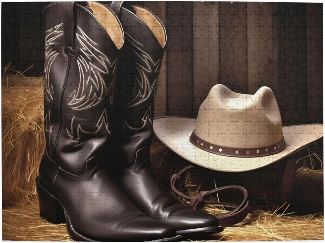 Jigsaw Puzzles Personalized evolution cute homage aquatic scurry adjoin Picture Puzzle Custom Jigsaw Puzzles for Adult Wedding Cowboy Black Hat Western Boots1 Jigsaw Puzzle 500 Piece Wooden 