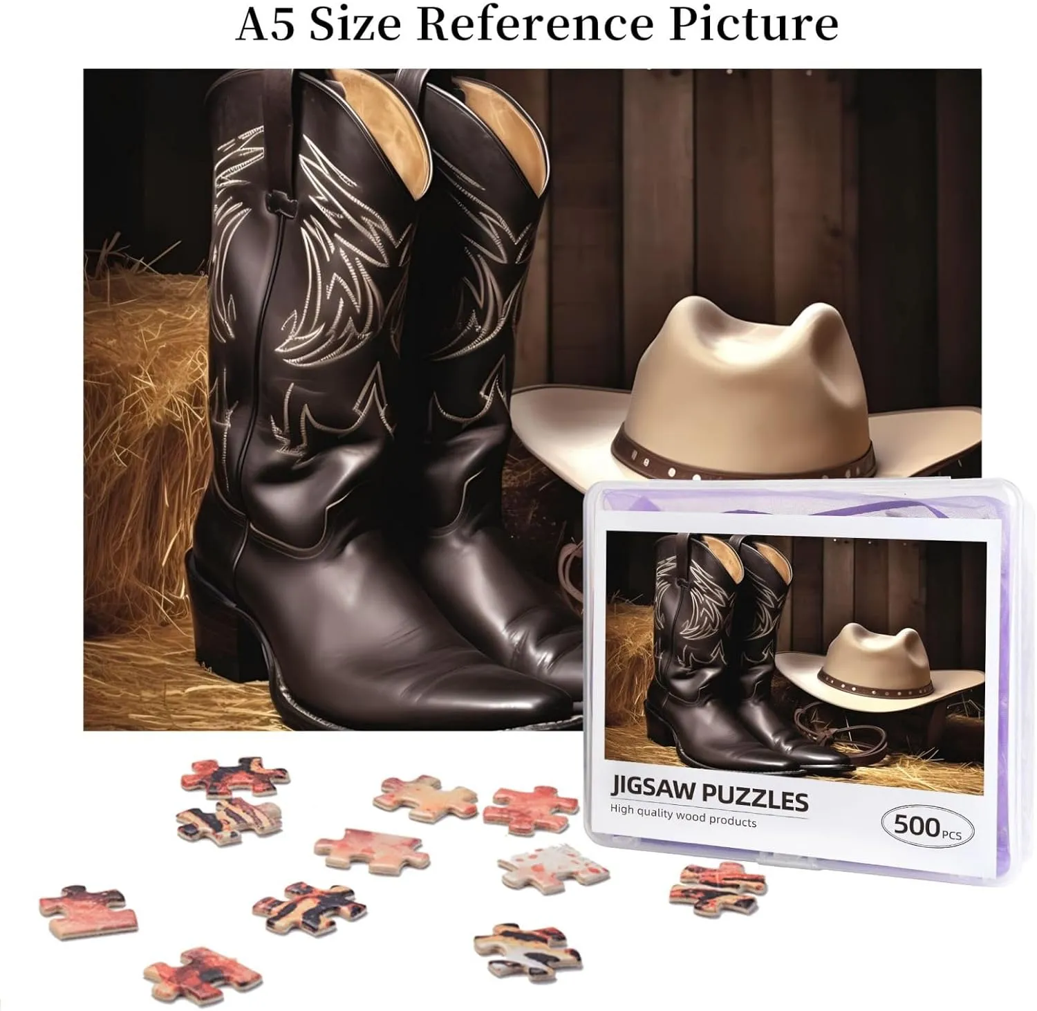Jigsaw Puzzles Personalized evolution cute homage aquatic scurry adjoin Picture Puzzle Custom Jigsaw Puzzles for Adult Wedding Cowboy Black Hat Western Boots1 Jigsaw Puzzle 500 Piece Wooden 