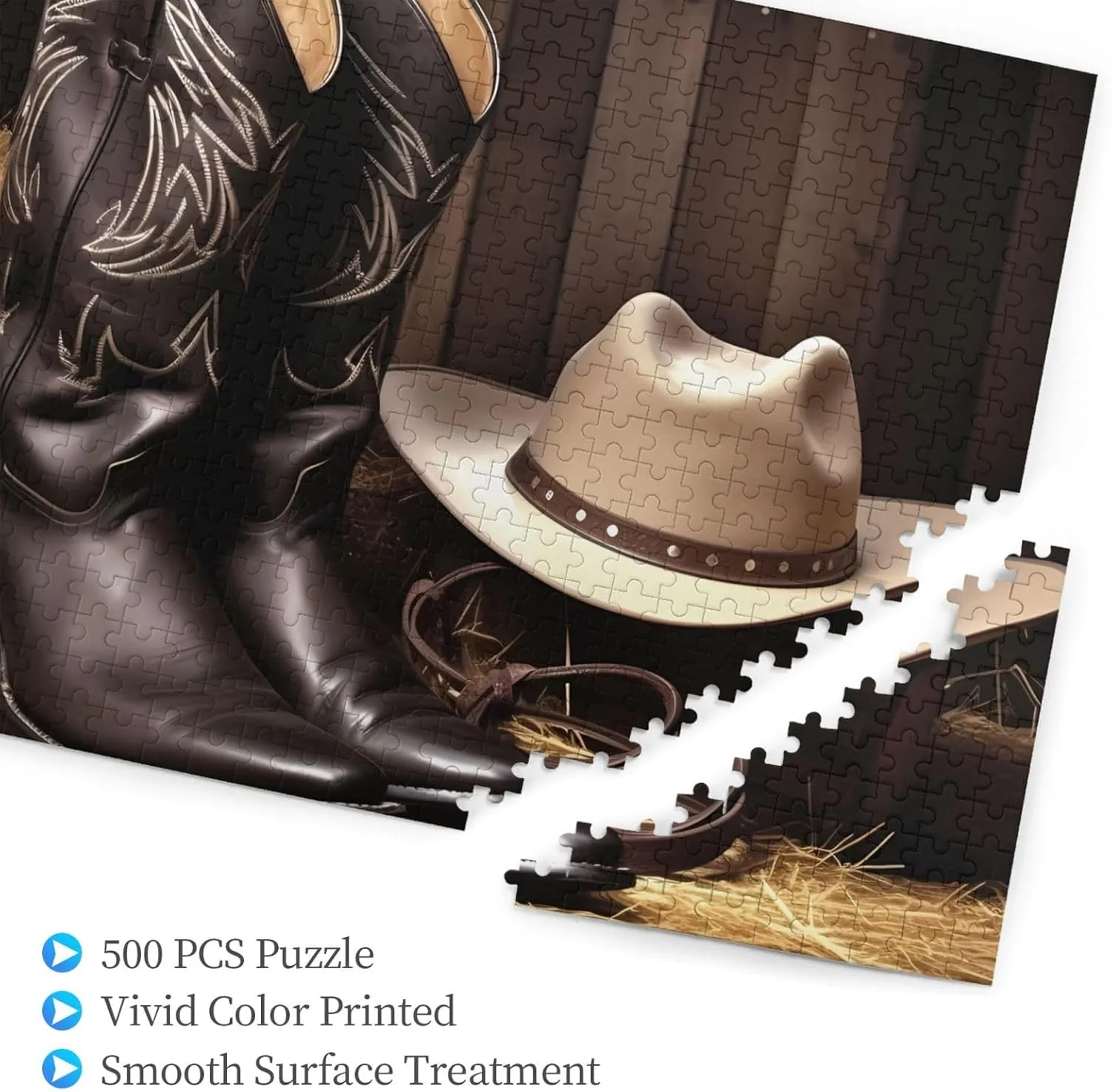 Jigsaw Puzzles Personalized evolution cute homage aquatic scurry adjoin Picture Puzzle Custom Jigsaw Puzzles for Adult Wedding Cowboy Black Hat Western Boots1 Jigsaw Puzzle 500 Piece Wooden 