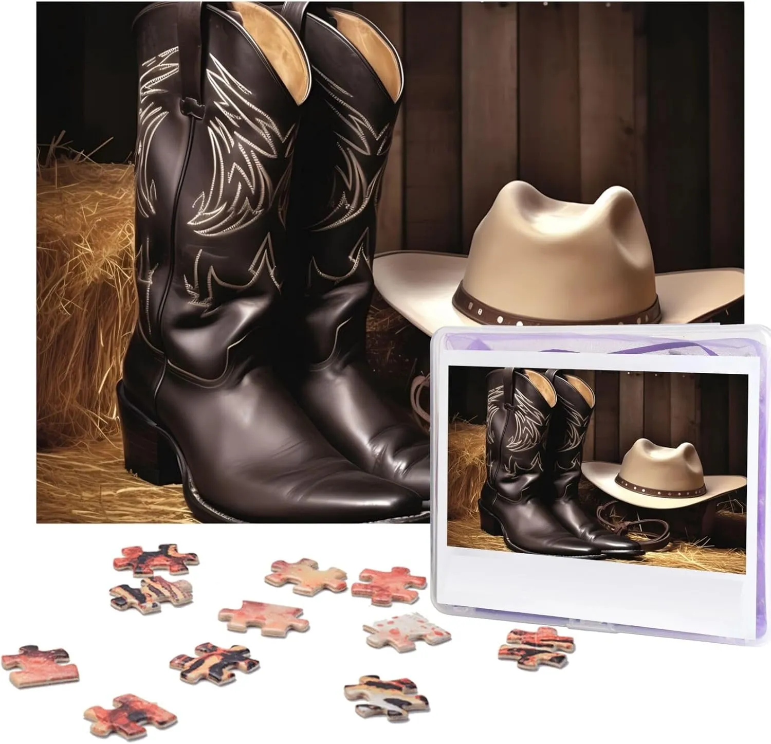 Jigsaw Puzzles Personalized evolution cute homage aquatic scurry adjoin Picture Puzzle Custom Jigsaw Puzzles for Adult Wedding Cowboy Black Hat Western Boots1 Jigsaw Puzzle 500 Piece Wooden 