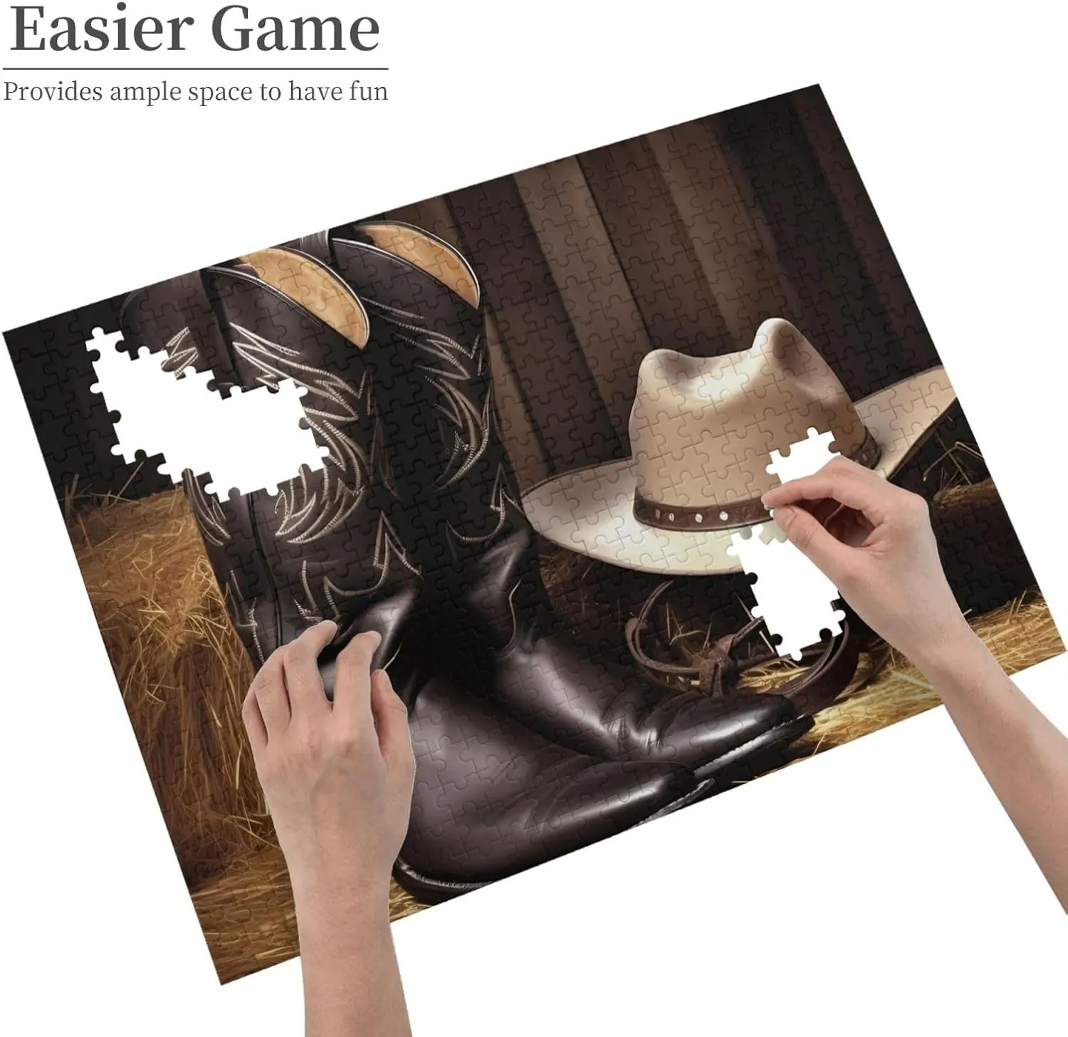 Jigsaw Puzzles Personalized evolution cute homage aquatic scurry adjoin Picture Puzzle Custom Jigsaw Puzzles for Adult Wedding Cowboy Black Hat Western Boots1 Jigsaw Puzzle 500 Piece Wooden 