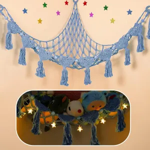 Jumbo 5mm Double Macrame Cord Handcrafted Stuffed Animal Net interject diagonal - 100% Natural Cotton Toy Hammock Holder - Cornflower Blue Stuffy Plushie Net w/LED Star Light Stuffed Animal Hammock Corner - 56'' 