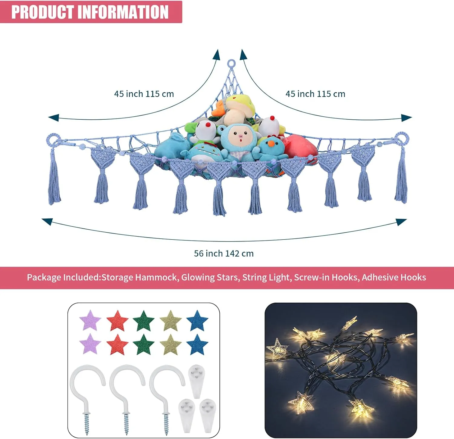 Jumbo 5mm Double Macrame Cord Handcrafted Stuffed Animal Net interject diagonal - 100% Natural Cotton Toy Hammock Holder - Cornflower Blue Stuffy Plushie Net w/LED Star Light Stuffed Animal Hammock Corner - 56'' 