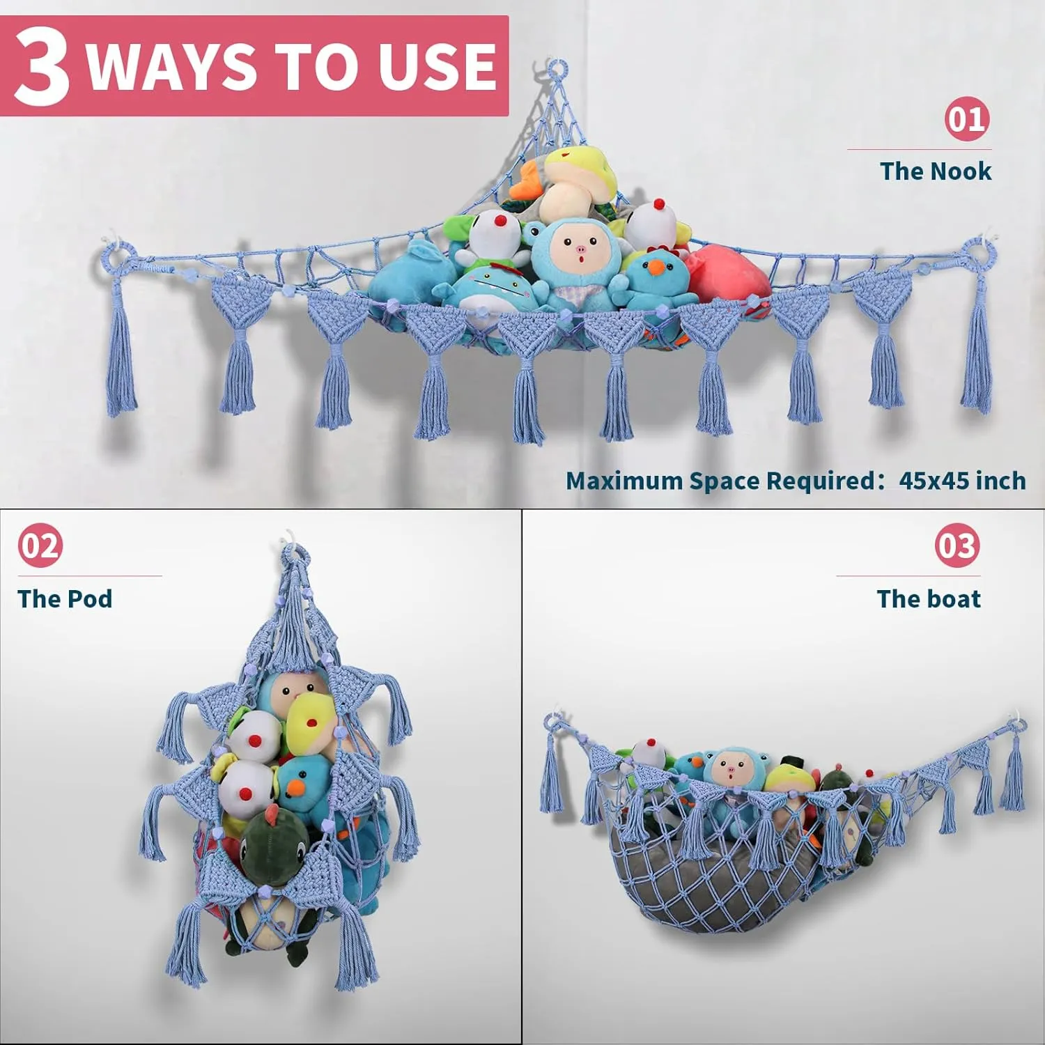Jumbo 5mm Double Macrame Cord Handcrafted Stuffed Animal Net interject diagonal - 100% Natural Cotton Toy Hammock Holder - Cornflower Blue Stuffy Plushie Net w/LED Star Light Stuffed Animal Hammock Corner - 56'' 