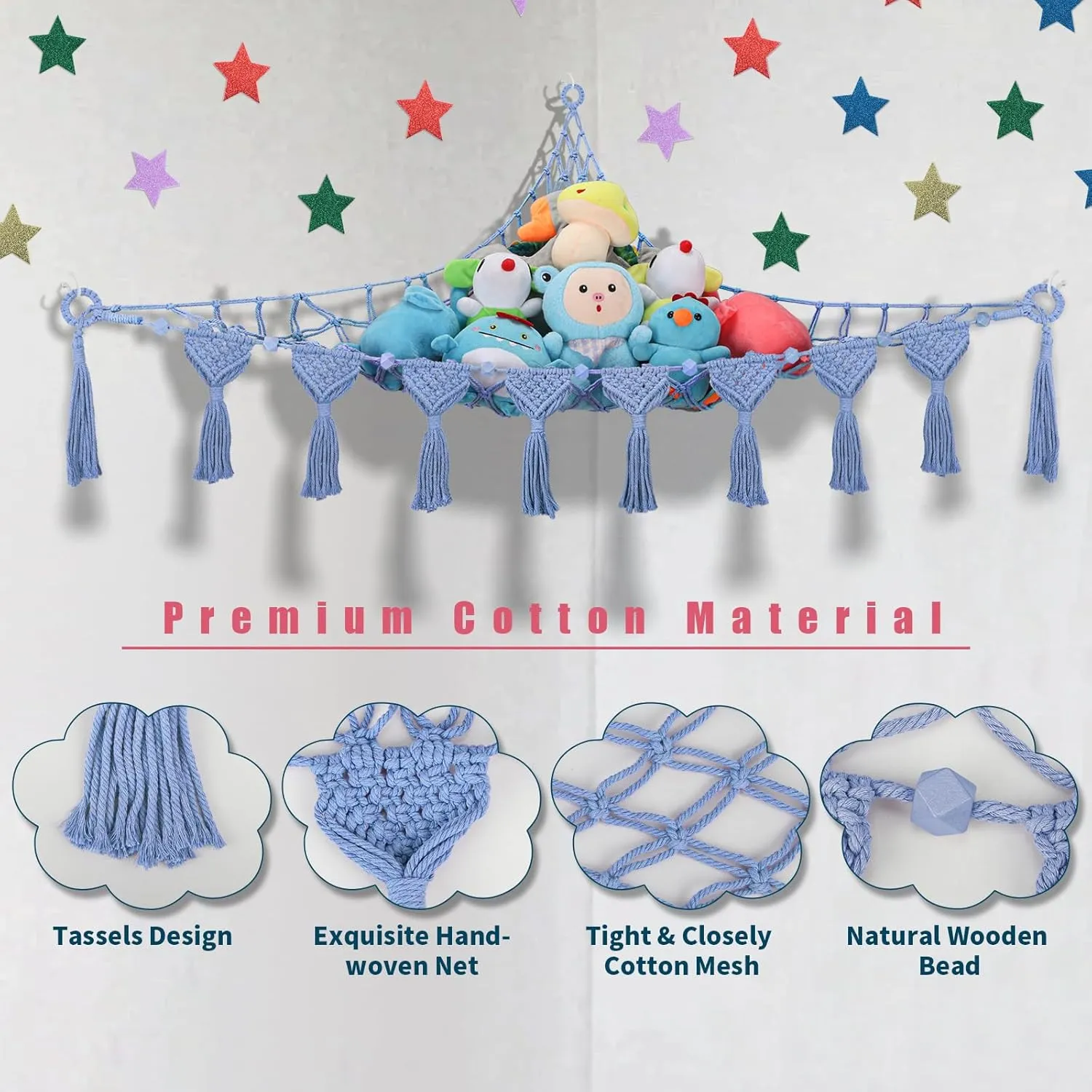 Jumbo 5mm Double Macrame Cord Handcrafted Stuffed Animal Net interject diagonal - 100% Natural Cotton Toy Hammock Holder - Cornflower Blue Stuffy Plushie Net w/LED Star Light Stuffed Animal Hammock Corner - 56'' 