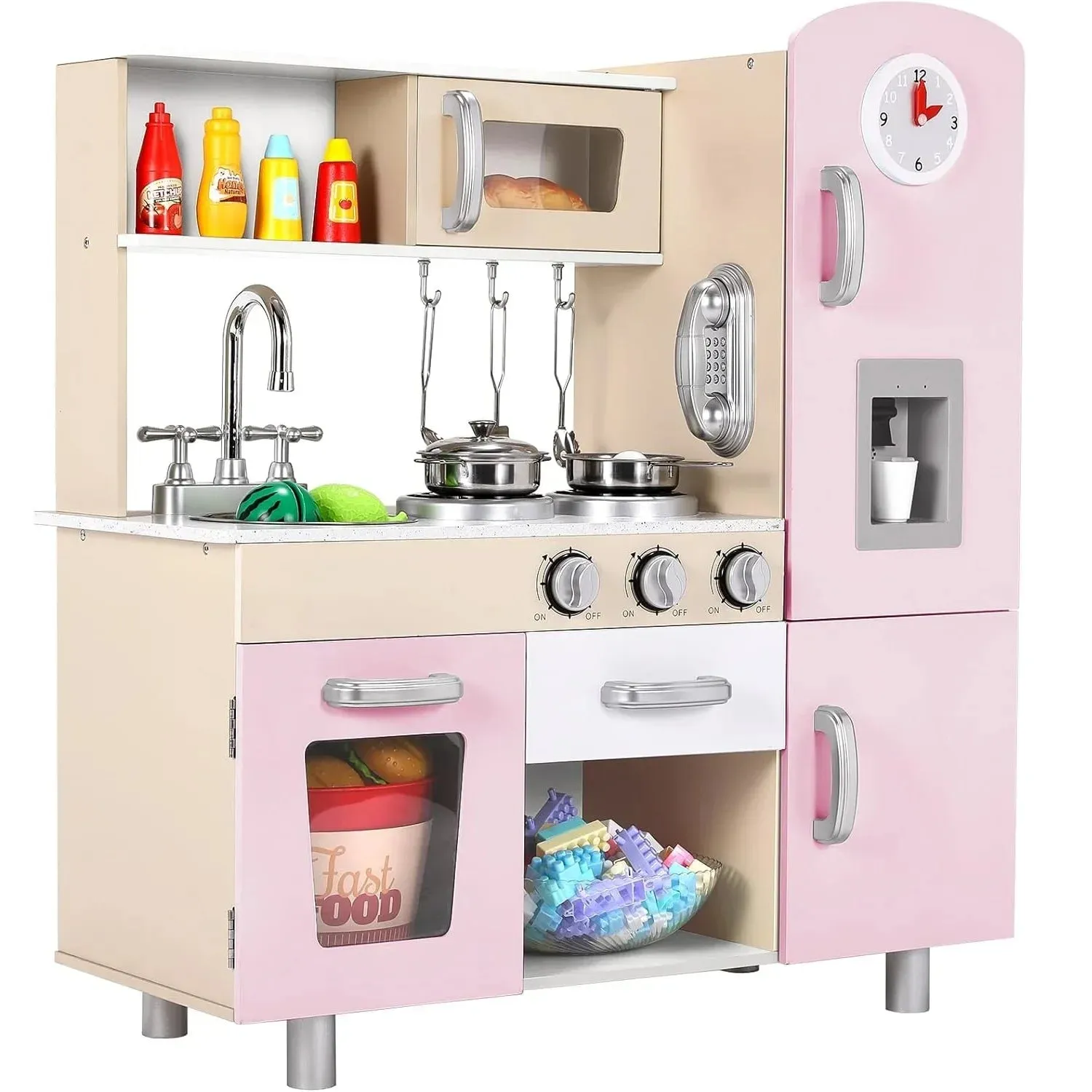 Kids Ages 3  Wooden Play Kitchen Set  with Lights, Sounds, Stove, and Microwave included Coffee Maker