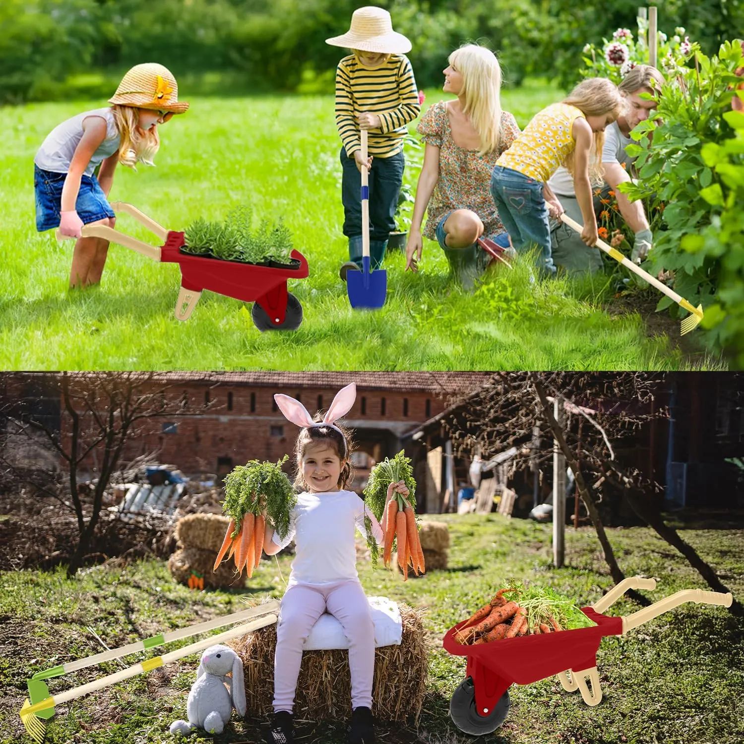 Kids Boys Girls (Red Wheelbarrow Set) Kids Gardening Tools Outdoor Toys Set Backyard Play with Wheelbarrow basic hypersensitive tedium Educational STEM Learning Pretend Toys Outdoor Indoor for Toddlers 
