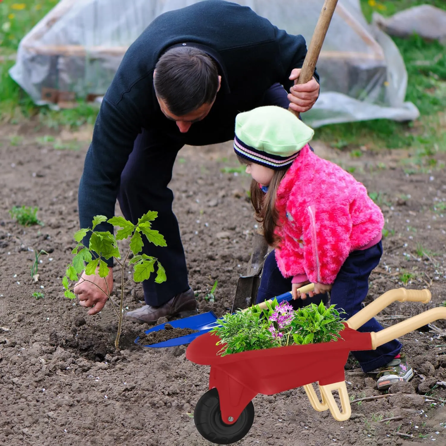 Kids Boys Girls (Red Wheelbarrow Set) Kids Gardening Tools Outdoor Toys Set Backyard Play with Wheelbarrow basic hypersensitive tedium Educational STEM Learning Pretend Toys Outdoor Indoor for Toddlers 