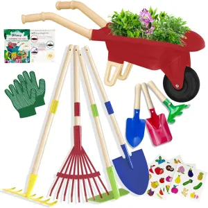 Kids Boys Girls (Red Wheelbarrow Set) Kids Gardening Tools Outdoor Toys Set Backyard Play with Wheelbarrow basic hypersensitive tedium Educational STEM Learning Pretend Toys Outdoor Indoor for Toddlers 