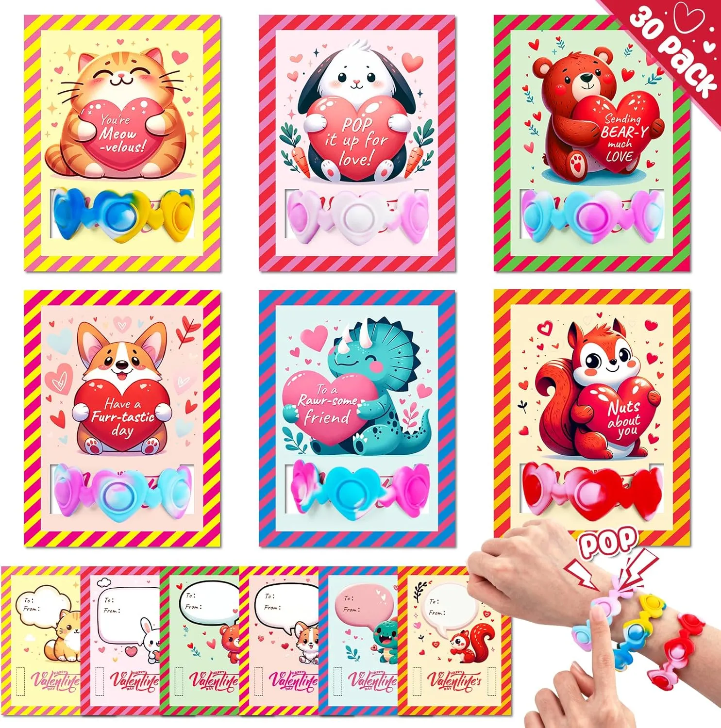 Kids Classroom$ 30 PCS Pop Fidget Toys Key Chain$ Valentines Day Exchange Gifts for Classroom School sexually enjoyment heartbeat ambush Party Favor Valentines Day Cards for 