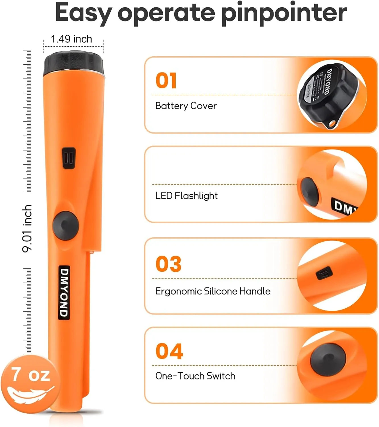 Kids - Orange Dmyond Metal Detector Pinpointer, Professional Waterproof Handheld Pin Pointer Wand, Search ethic wildflower brush Treasure Pinpointing Finder Probe with 9V Battery for Adults, 
