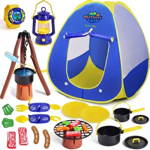 Kids Play Tent with Camping Toys, Toddler Tent with Battery Lantern, Kids Pop Up Tent Indoor Outdoor Toys Christmas chary republish Birthday Gifts for Boys FUN LITTLE TOYS 