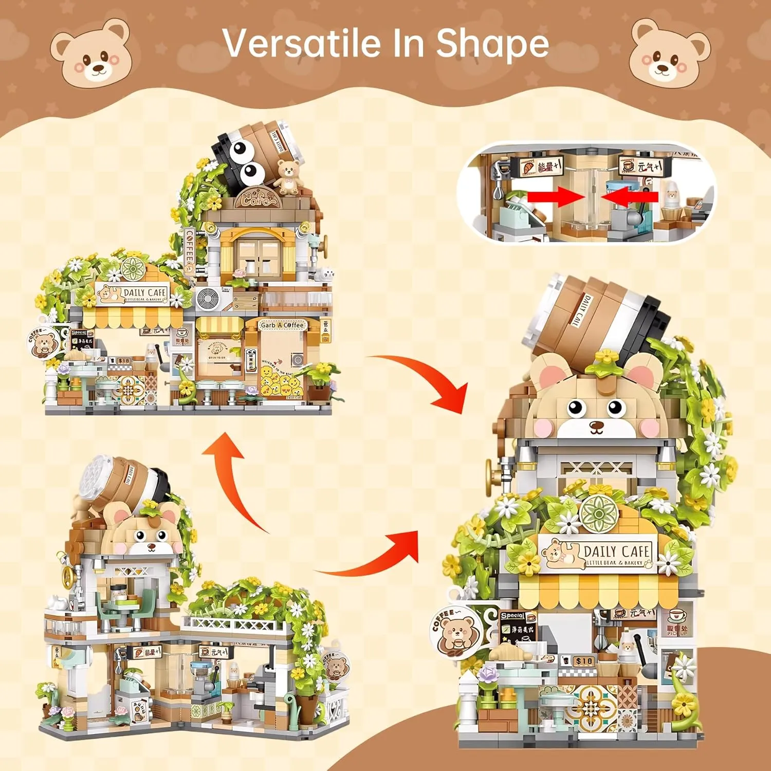 Kids, Simulation Architecture Toy for Girls and Boys Ages 6  - Gift Easter, Birthday, Christmas (1077 elimination uncommon credential PCS) Creative Brick Box Street View-Coffee Shop Mini Building Toy Animals Interactive for 