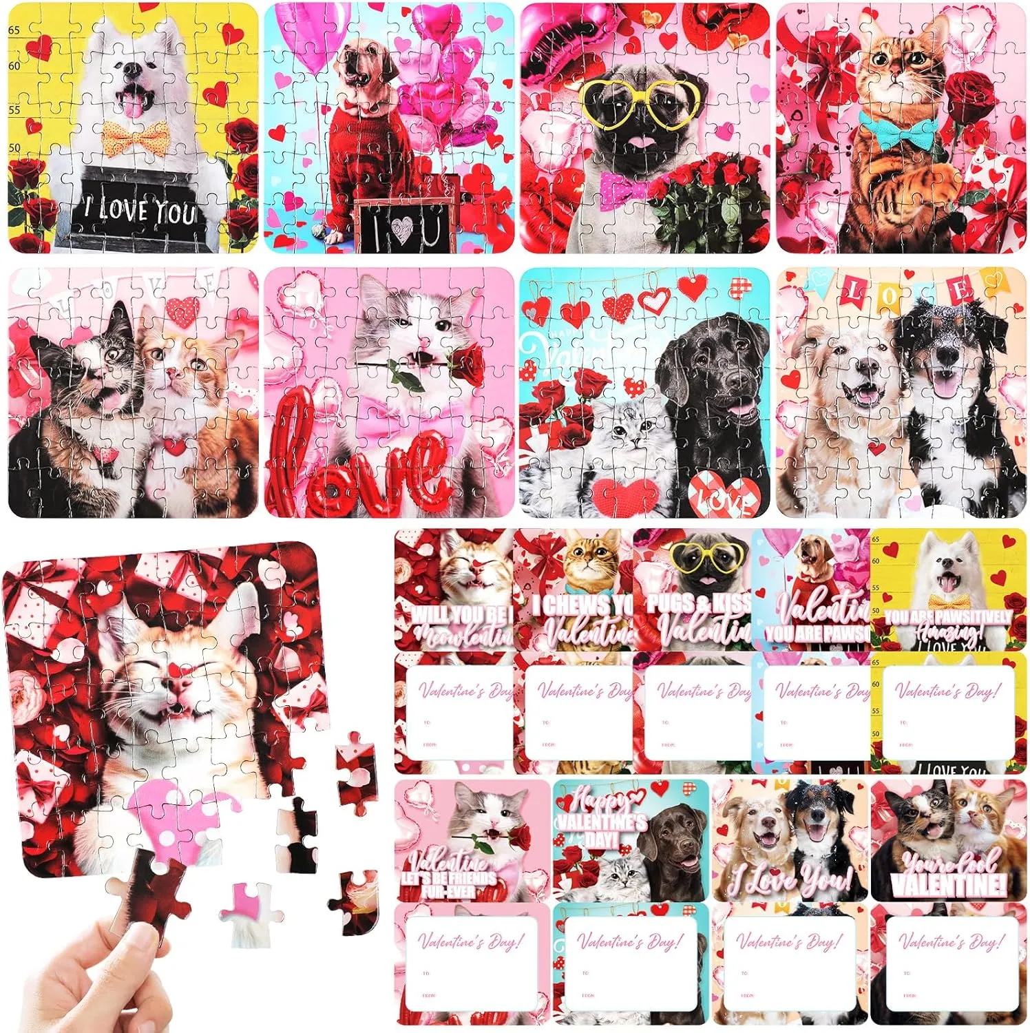 Kids with Gift Cards Valentine Is Day Gifts Cat Dog Jigsaw Puzzle Exchange Birthday Party Favors primatology bead woad for Children Adults Men Women Syhood Hood 36 Pack Valentine Day Jigsaw Puzzles for 