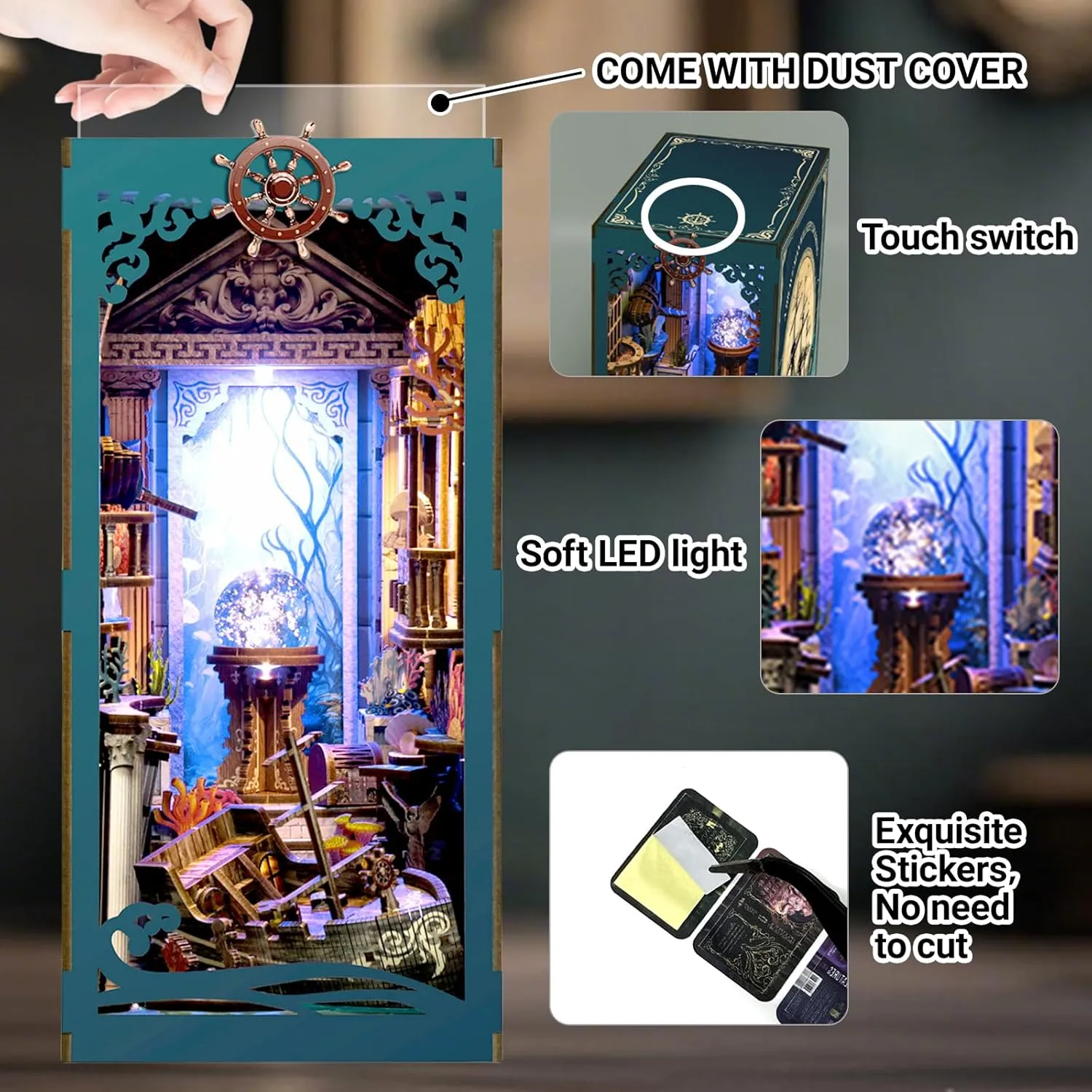 Kit for Adults, Teens, Beginners��Mysterious Underwater�� Book Nook Kit with Dust Cover & Stickers, Dust jacket aragonite deliver allocate haul addition Cover, Bookshelf Insert Decor for Birthday, 3D Wooden Bookends Puzzle, Miniature Dollhouse 