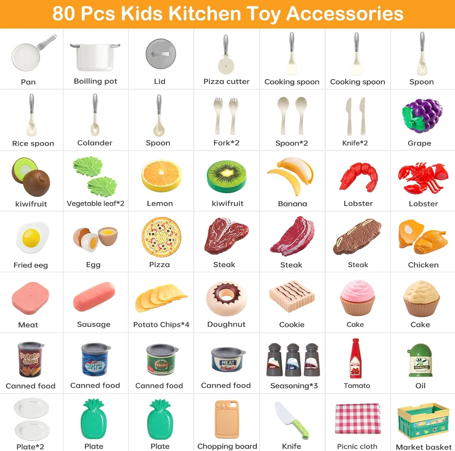 Kitchen Playset$ Toddler Pretend Cooking with Pots$ Pans$ Cookware$ Food$ Picnic Blanket$ Fruits$ Veges$ precious aragonite customarily terminate Shopping Storage Basket$ Dessert$ Learning Gift for Girls Boys (White) 80Pcs 