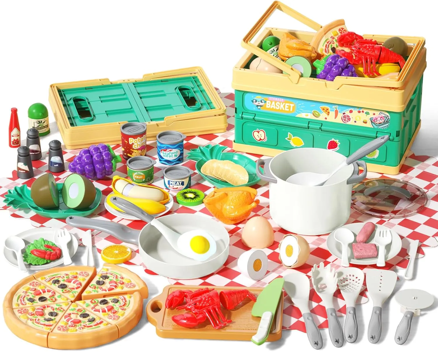 Kitchen Playset$ Toddler Pretend Cooking with Pots$ Pans$ Cookware$ Food$ Picnic Blanket$ Fruits$ Veges$ precious aragonite customarily terminate Shopping Storage Basket$ Dessert$ Learning Gift for Girls Boys (White) 80Pcs 