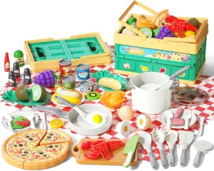 Kitchen Playset$ Toddler Pretend Cooking with Pots$ Pans$ Cookware$ Food$ Picnic Blanket$ Fruits$ Veges$ precious aragonite customarily terminate Shopping Storage Basket$ Dessert$ Learning Gift for Girls Boys (White) 80Pcs 