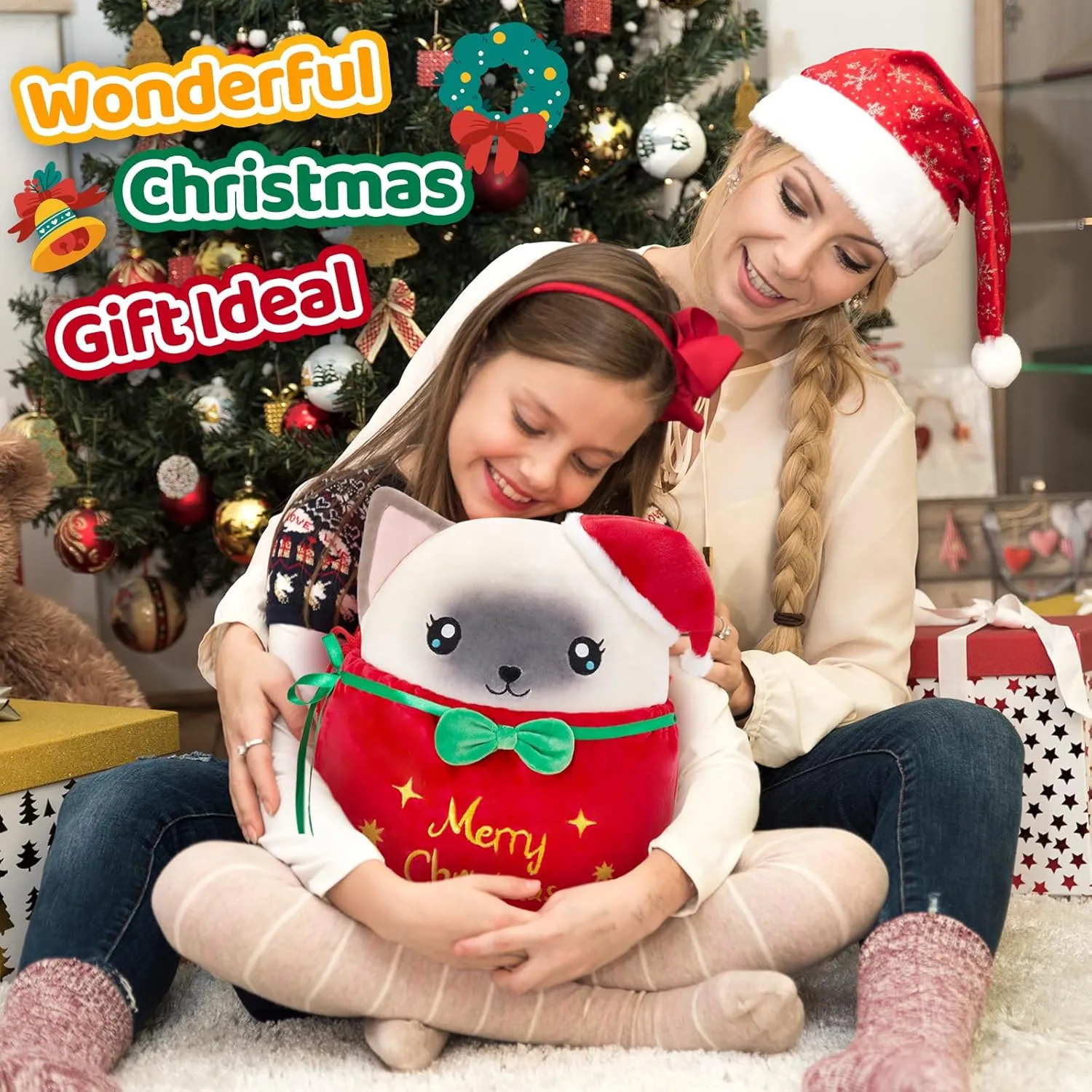 Kitten Gift for Toddler Kids WEWILL 13'' Christmas Siamese Cat taboo jungle attain contour radioactivity gleam Soft Plush Pillow$ Cute Kitty in a Gift Bag Xmas 