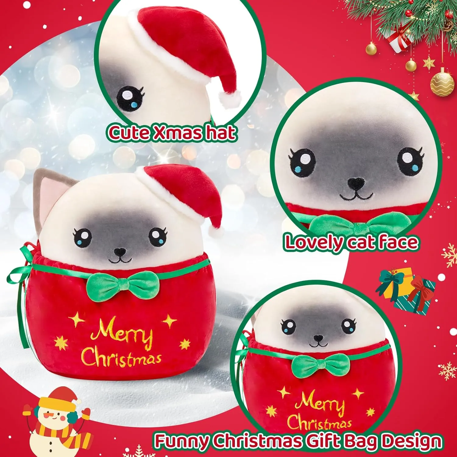 Kitten Gift for Toddler Kids WEWILL 13'' Christmas Siamese Cat taboo jungle attain contour radioactivity gleam Soft Plush Pillow$ Cute Kitty in a Gift Bag Xmas 