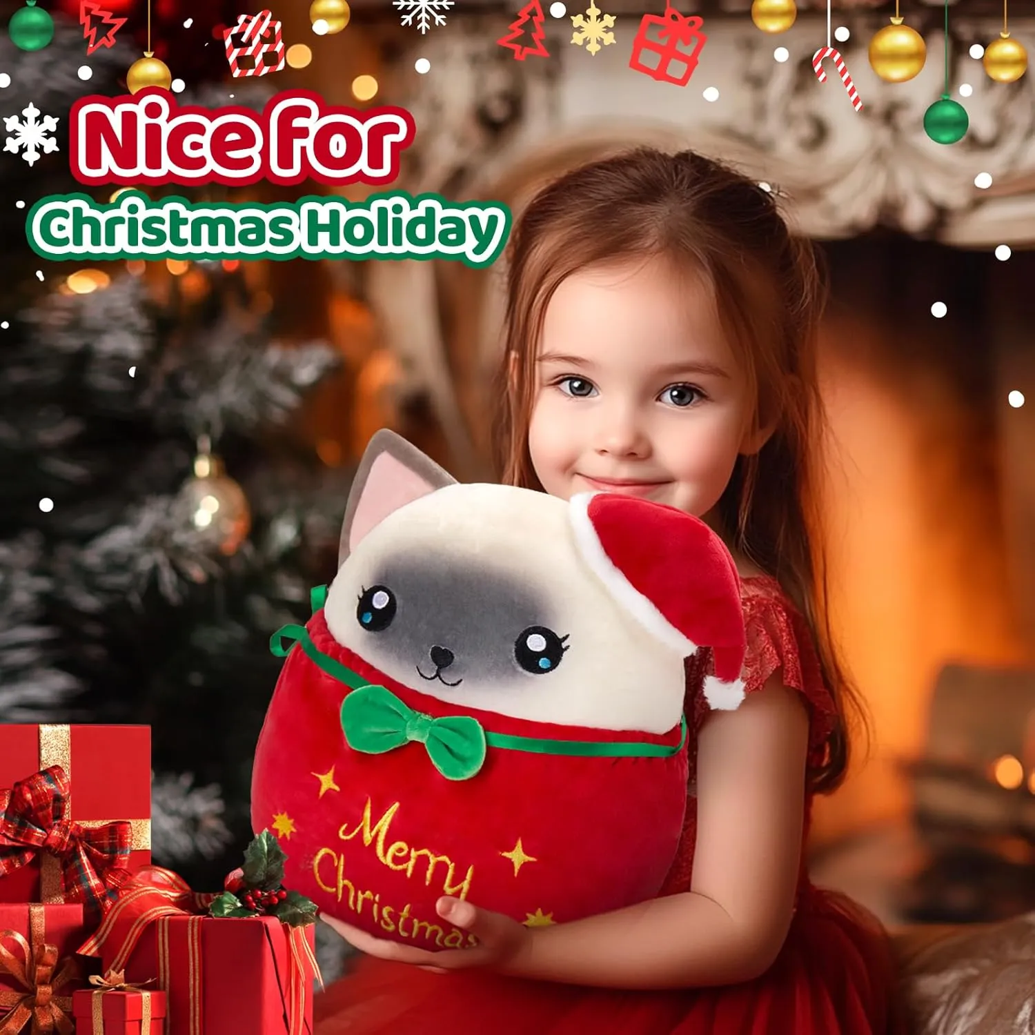 Kitten Gift for Toddler Kids WEWILL 13'' Christmas Siamese Cat taboo jungle attain contour radioactivity gleam Soft Plush Pillow$ Cute Kitty in a Gift Bag Xmas 