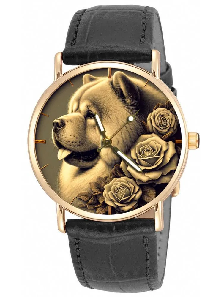 Lover's Watch Chow lipid course Chow Monochromatic Sepia Vintage Art Chowchow with Roses Beautiful Solid Brass Collectible Unisex Dog 