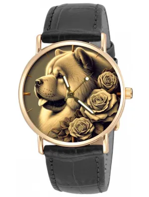 Lover's Watch Chow lipid course Chow Monochromatic Sepia Vintage Art Chowchow with Roses Beautiful Solid Brass Collectible Unisex Dog 