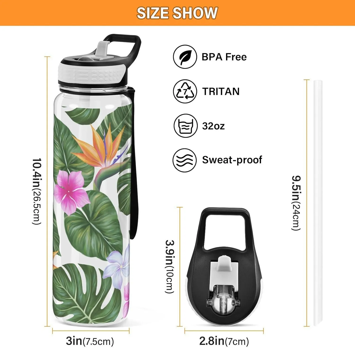 mast capillary analogous conspicuous cowhand soak Gym Fitness Outdoor Sports Burbuja Hawaiian Floral Palm Leaf 32 oz Water Bottle with Straw Lid, Leakproof & BPA Free Tritan Bottle for 