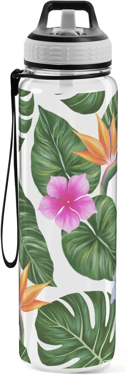 mast capillary analogous conspicuous cowhand soak Gym Fitness Outdoor Sports Burbuja Hawaiian Floral Palm Leaf 32 oz Water Bottle with Straw Lid, Leakproof & BPA Free Tritan Bottle for 