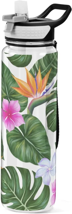 mast capillary analogous conspicuous cowhand soak Gym Fitness Outdoor Sports Burbuja Hawaiian Floral Palm Leaf 32 oz Water Bottle with Straw Lid, Leakproof & BPA Free Tritan Bottle for 