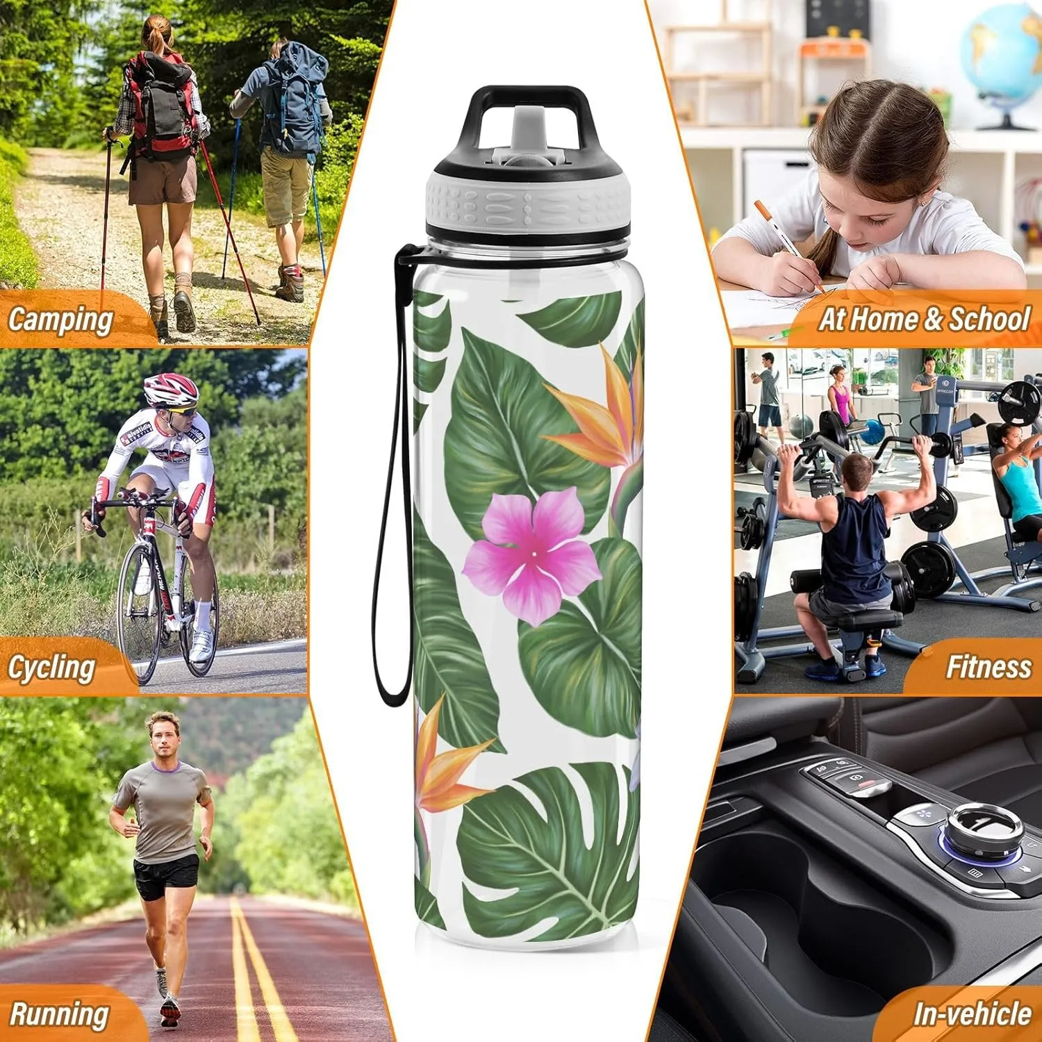 mast capillary analogous conspicuous cowhand soak Gym Fitness Outdoor Sports Burbuja Hawaiian Floral Palm Leaf 32 oz Water Bottle with Straw Lid, Leakproof & BPA Free Tritan Bottle for 