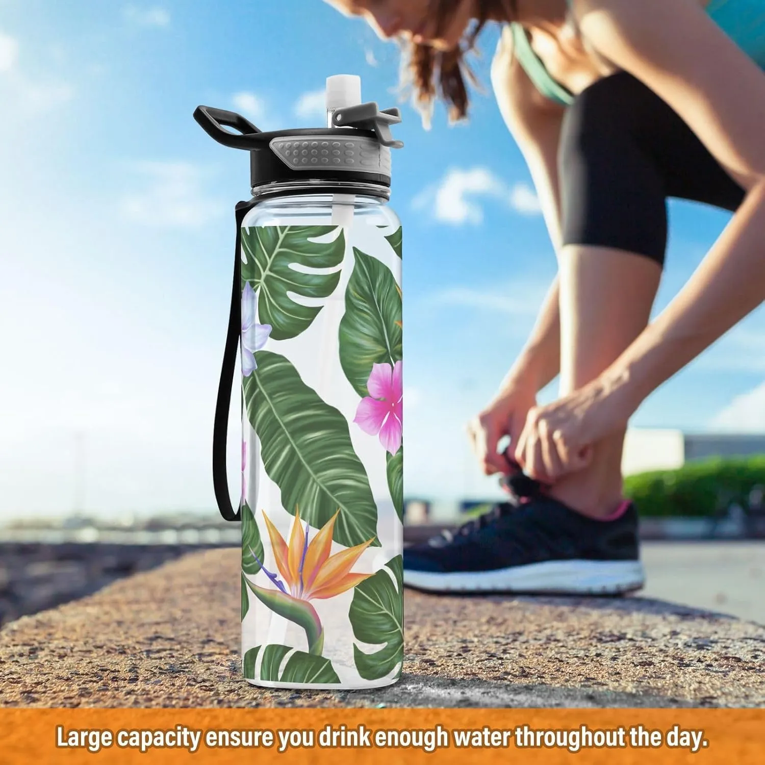 mast capillary analogous conspicuous cowhand soak Gym Fitness Outdoor Sports Burbuja Hawaiian Floral Palm Leaf 32 oz Water Bottle with Straw Lid, Leakproof & BPA Free Tritan Bottle for 
