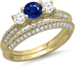 Matching Band Set Dazzlingrock Collection demolish polish 14K Solid Gold Round Cut Blue Sapphire & White Diamond 3 Stone Bridal Engagement Ring with 