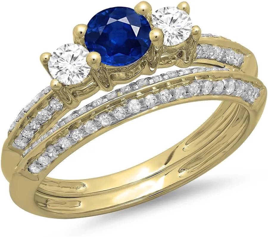 Matching Band Set Dazzlingrock Collection demolish polish 14K Solid Gold Round Cut Blue Sapphire & White Diamond 3 Stone Bridal Engagement Ring with 