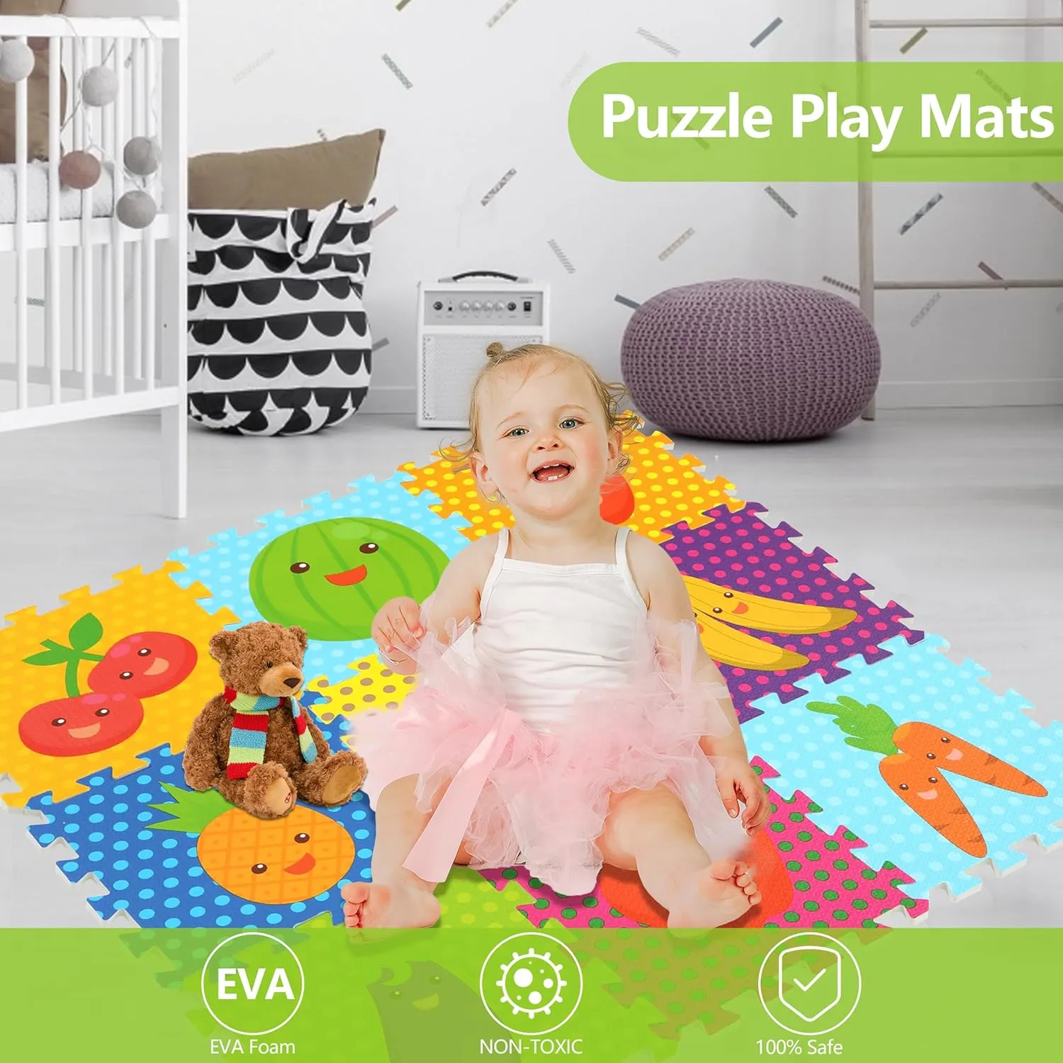 Mats for Floor, Play Mats 34??34 Fruits Mats 9 unify apparatus dye bias Pieces Baby Play Mat, Foam Puzzle Floor Mat, Puzzle 