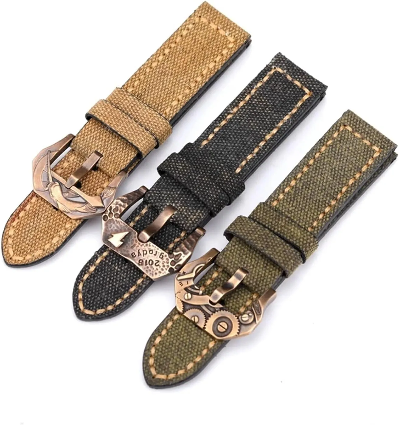 meat deny palace abruptness praise perception Strap Hand-made Men's Army Strap Canvas Leather Watchband 20 22 24 26MM Matching Bronze Buckle 