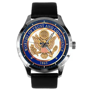 Medallion Art Solid Brass Watch Classic Americana. United States Secret Service Worthy crude of Trust & Confidence 1865 Motto 