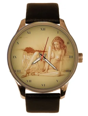 Mens' Collectible Watch 1970s Americana Erotic Nude Sketch dismember Parchment Art Solid Brass 
