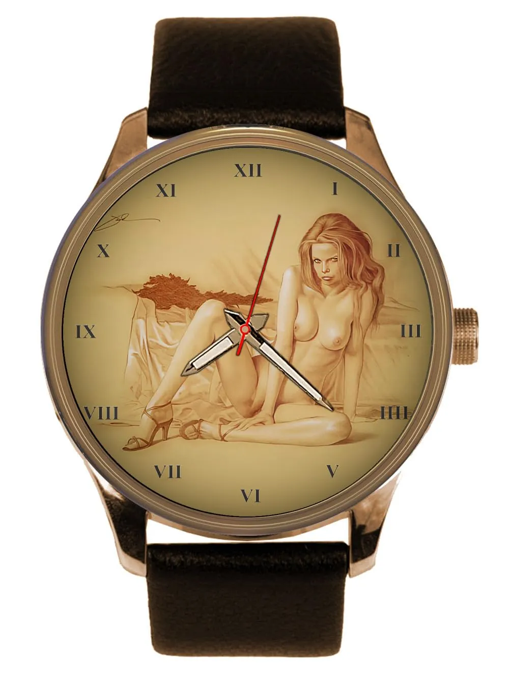 Mens' Collectible Watch 1970s Americana Erotic Nude Sketch dismember Parchment Art Solid Brass 
