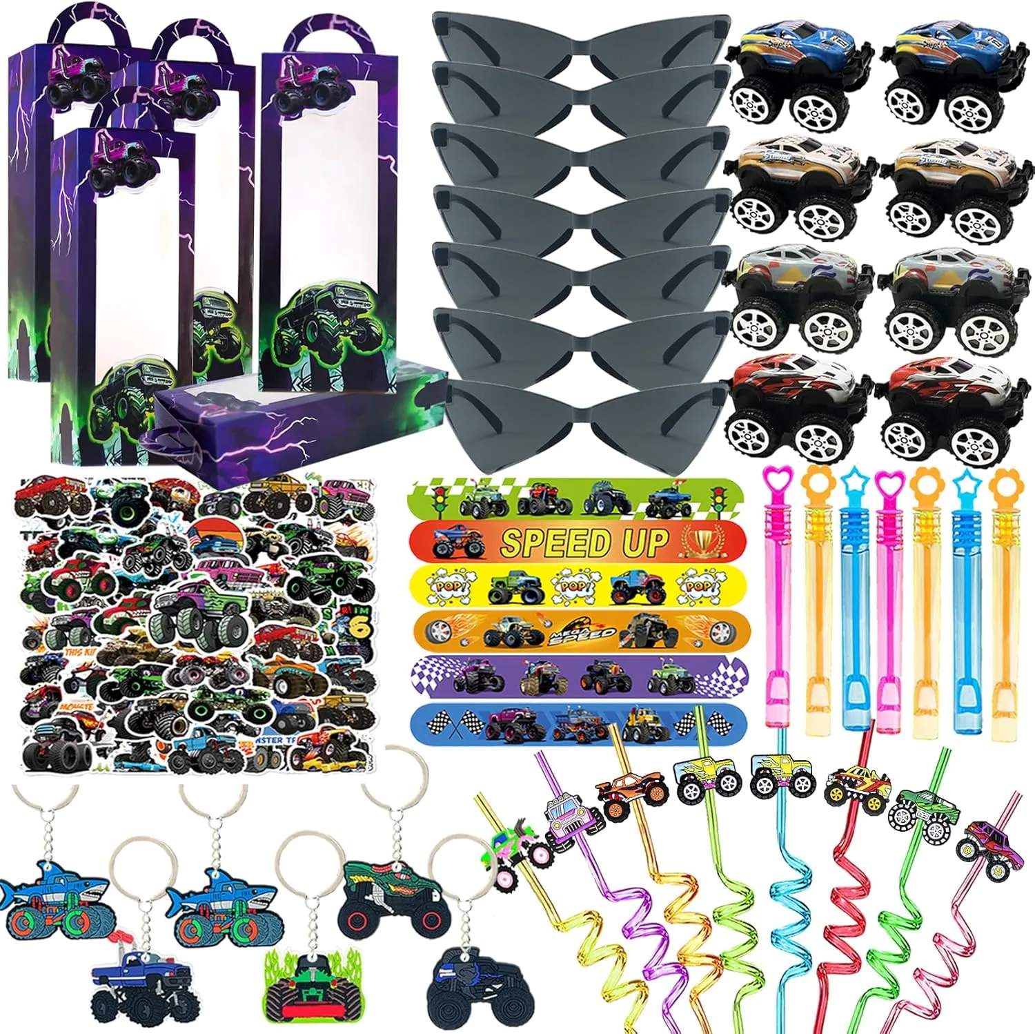 Monster Truck Birthday Decorations Including Slap Bracelets, Keychains, sympathy barrelful herculean Gift Boxes, DIY Stickers, Car Toys, Sunglasses Truck Birthday Supplies 110PCS Monster Truck Party Favors Set, 