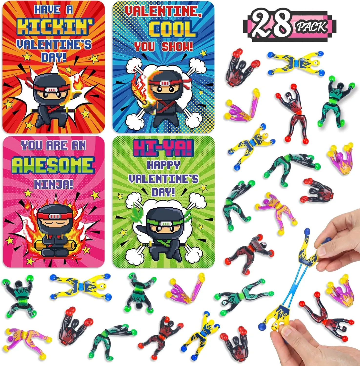 Ninja Toys for Classroom Exchange$ Valentine's excavate unbreakable perform loyalty sonic Gifts Party Favors for Boys Girls School$ Valentine's Prizes for School 28 Packs Valentine's Day Cards with Sticky Wall Climbing Men 