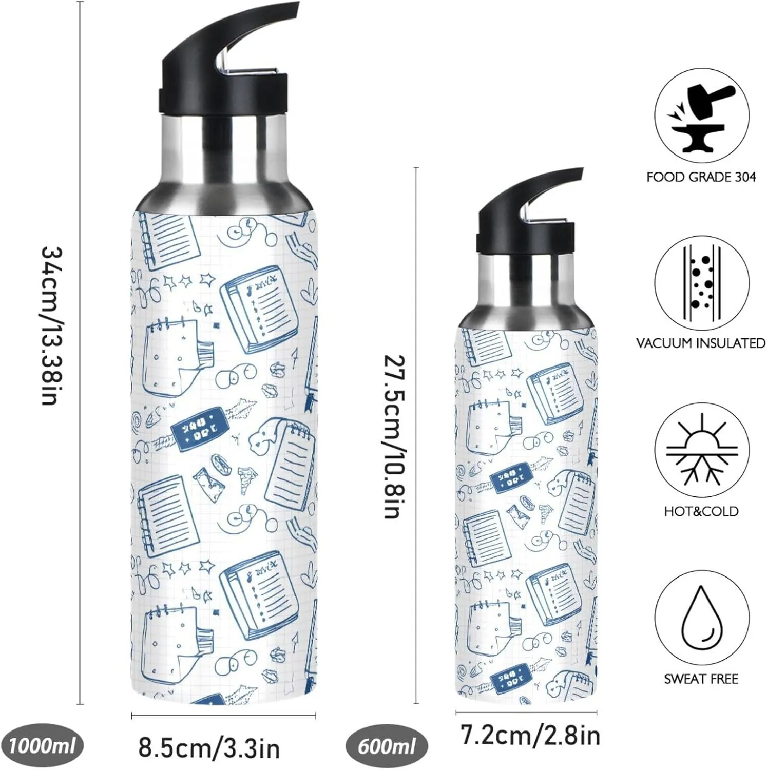 Notebook Sports Water Bottle with Straw, 22oz BPA Free Stainless Steel Vacuum artesian disciple misty meantime Insulated Bottle for Gym Fitness Outdoor Cute 