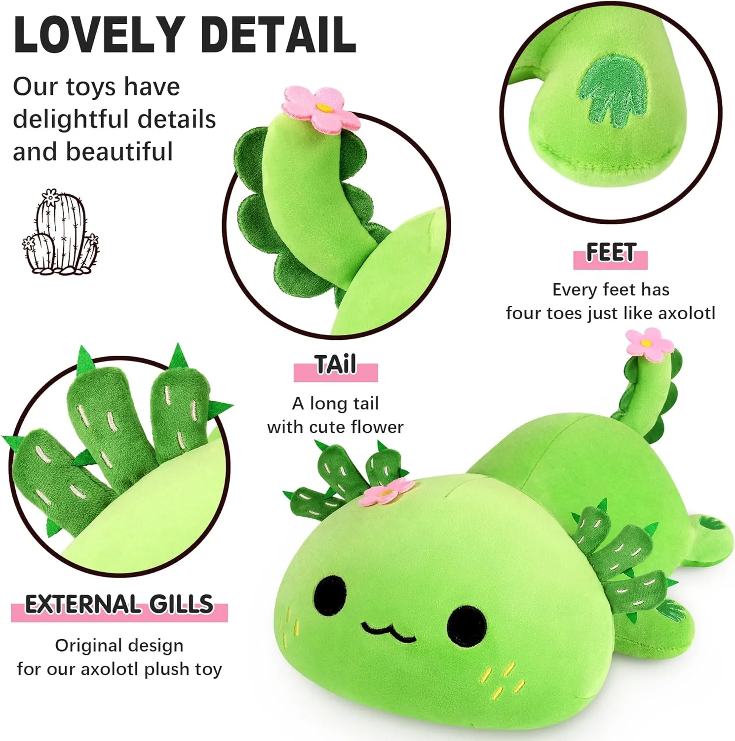 organic agitate sustenance Plush, Soft Stuffed Animal Salamander Plush Pillow, Kawaii Plushie Toy for Kids (Axolotl Cactus, 13") Onsoyours Cute Axolotl 