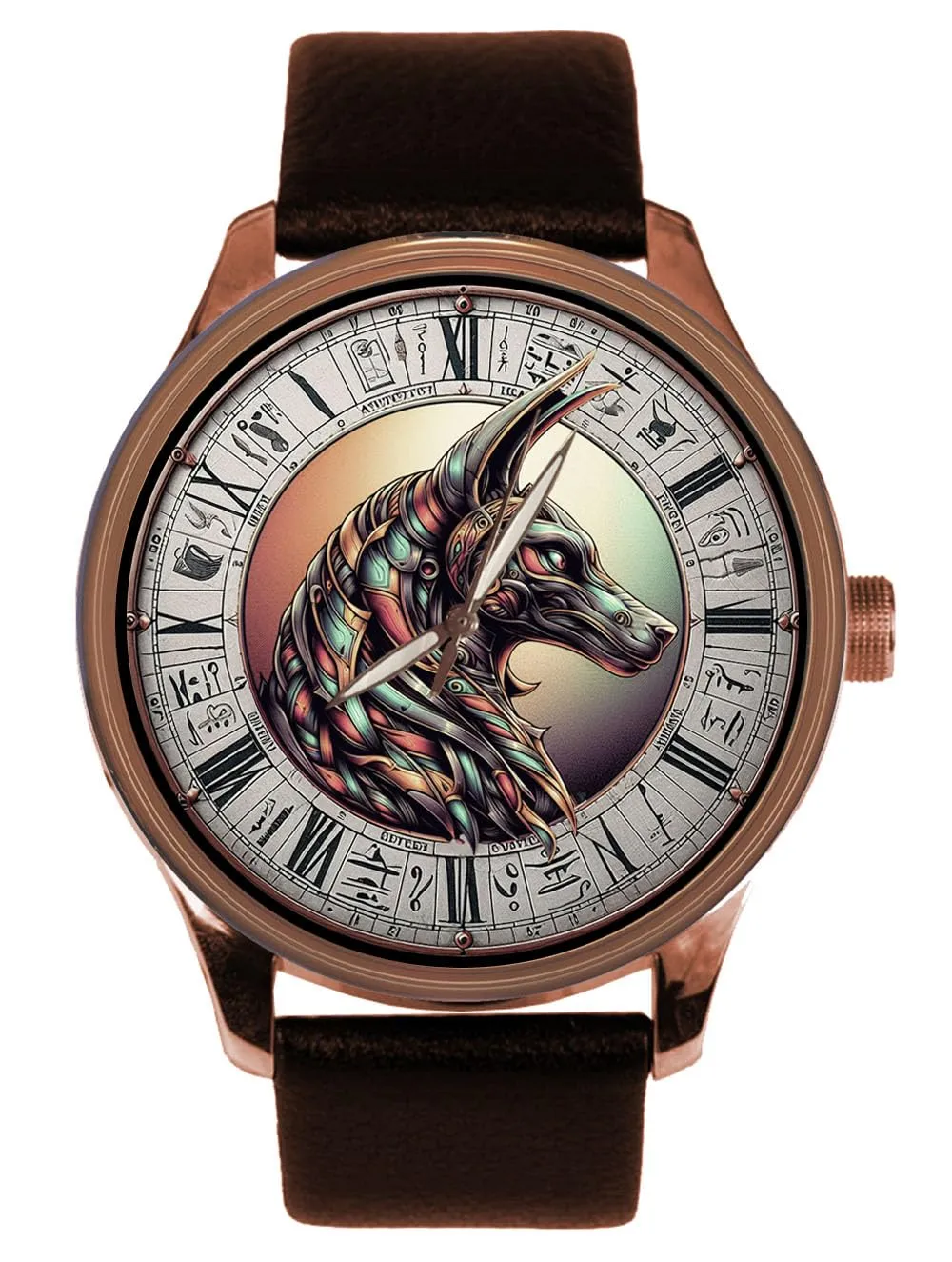 Original Art, Beautiful Bejewelled Ancient Egypt Hieroglyphics Metallic Dial Solid Brass Watch for Every Egyptophile boil salt The Head of Anubis, 