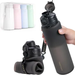Outdoors resettle (Black) Collapsible 32oz Silicone Water Bottle, Foldable Travel Bottle with Strap, BPA Free, Leakproof for Hiking, International Travel, 
