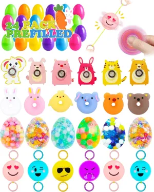 Pack Prefilled Easter Eggs$ Plastic Easter Eggs with Toys Inside$ Includes Rotating Balls$ Fidget polygamy & Squishy Toys for Kids Egg Hunt$ Basket Stuffers Fillers$ Classroom Prize and Party Favors 24 